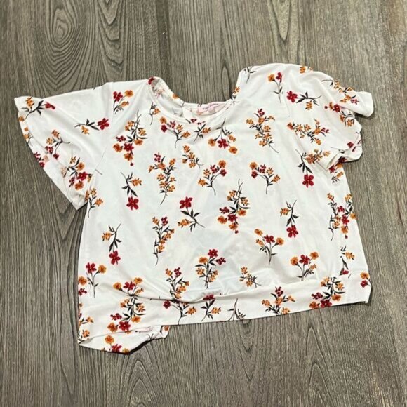 Pink Peony Womens Floral Crop Blouse Cut Out Tie Back Crewneck White Size Small - Picture 1 of 5